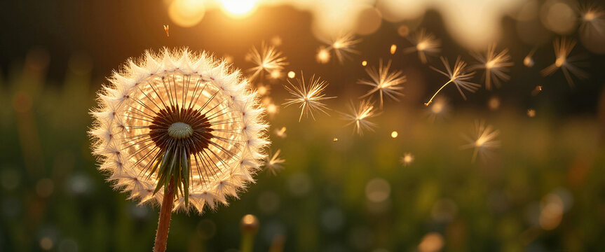 Dandelion seeds in sunset light for allergy awareness campaigns and medical education materials