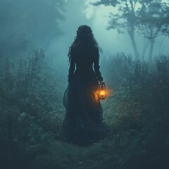 arafed woman in a long dress holding a lantern in a foggy forest