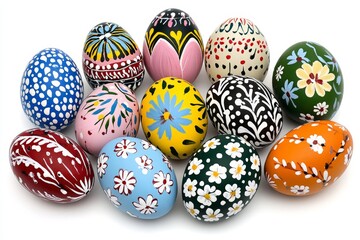 Fototapeta premium Colorful Easter eggs with painted patterns, isolated on a white background