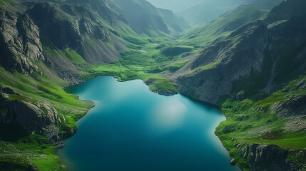 Turquoise Alpine Lake Nestled Between Majestic Green Mountains