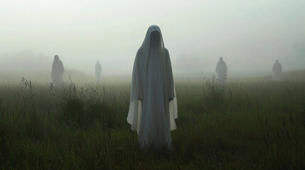 A misty morning with a woman in a black cloak and medieval-style dress, standing in a foggy forest, evoking a sense of faith and beauty, with a statue of Mary in the background