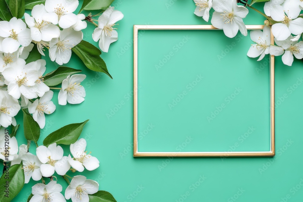 Poster digital illustration with a green background, white flowers, and a gold frame. the design features a