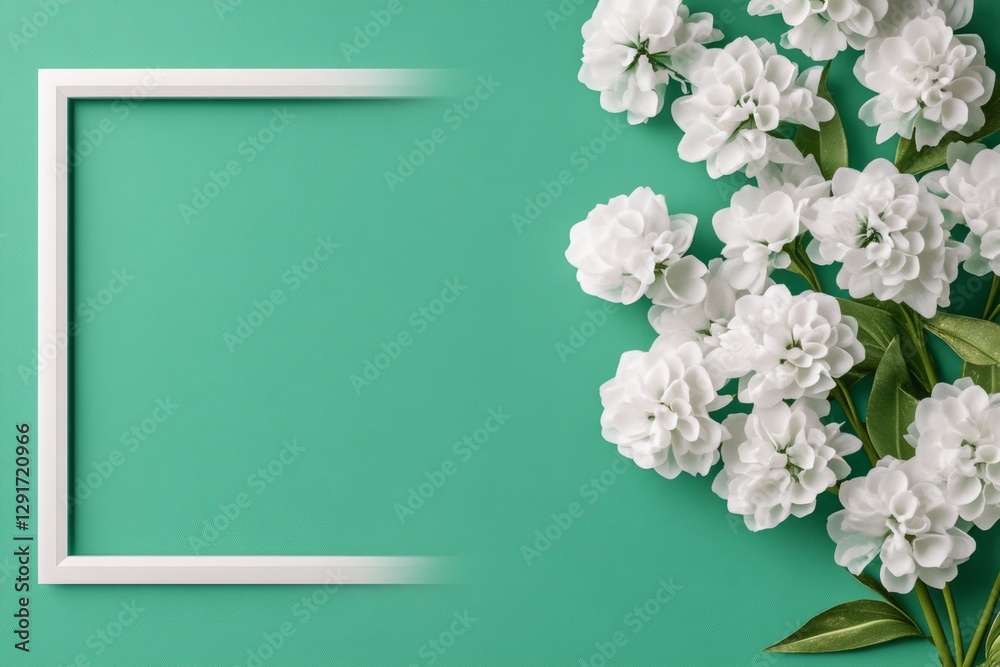 Poster digital illustration with a green background, white flowers, and a gold frame. the design features a