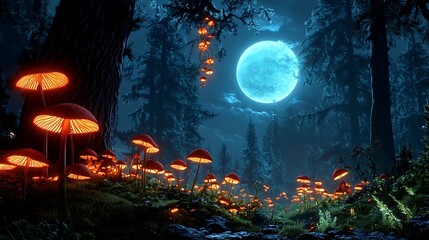 Fototapeta premium Enchanted Forest at Night: Glowing Mushroom Grove Under a Full Moon AI Generated
