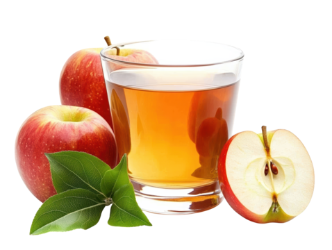 A refreshing glass of apple juice accompanied by whole apples and a sliced apple, showcasing vibrant red color and green leaves.
