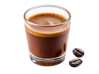 A glass of rich, dark coffee with a smooth crema, accompanied by a couple of whole coffee beans.