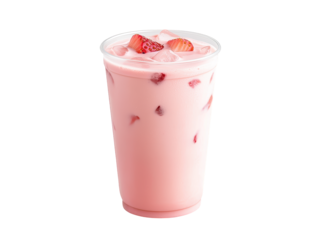 A refreshing pink beverage topped with strawberries, served in a clear cup.