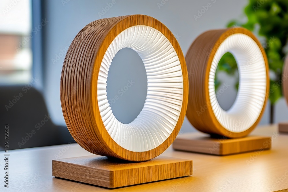 Aufkleber minimalist design of a sound system in wood and white acrylic, with circular elements featuring slat