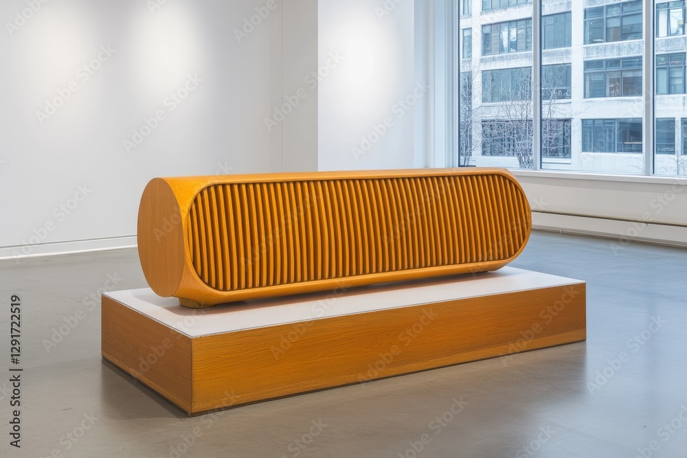 Aufkleber minimalist design of a sound system in wood and white acrylic, with circular elements featuring slat
