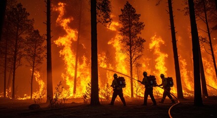 Fototapeta premium Firefighters battling a raging forest fire under orange flames at night. Generative AI