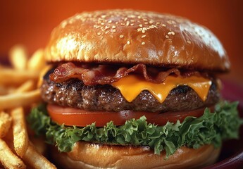 Juicy hamburger with grilled beef patty, melted cheddar cheese, crispy bacon, fresh lettuce, ripe tomato, sesame seed bun, and golden french fries on the side