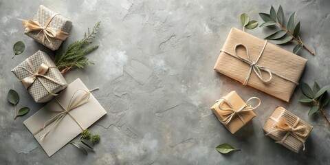 A Festive Composition of Wrapped Gifts and Correspondence on a Textured Surface