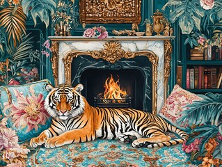 painting of a tiger laying on a couch in front of a fireplace