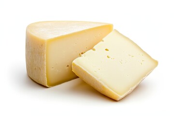 Photo of a piece of cheese on a white background, isolated with a clipping path. The focus is on the top half of the composition, with high-resolution photography, high quality, professional