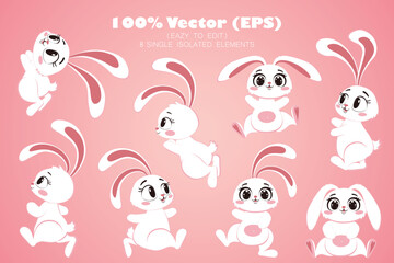 Set of white bunnies in different pose, Happy Easter day, cartoon character design. Handdrawn, Vector (EPS), isolated illustrations, printable, easy to edit