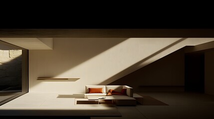 Minimalist Interior Living Space with Natural Light and Geometric Shadows in Contemporary Design
