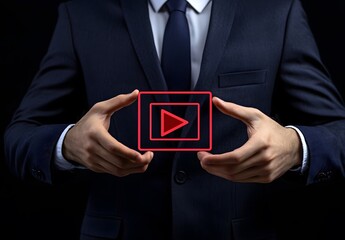 Businessman Holding Glowing Red Play Button Hologram, Symbolizing Digital Media Online Video Content