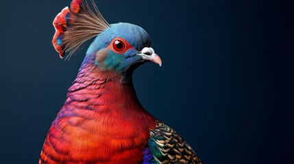 Full body photo of a peacock pigeon against a dark blue background, with studio lighting