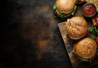 Juicy hamburger with sesame seed bun alongside crispy fries and fresh vegetables, served on a rustic wooden board with dipping sauce