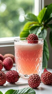 delicious lychee juice on a white table close-up