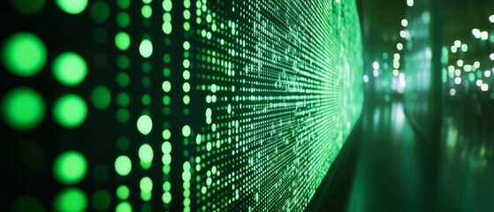 Glowing green data streams on a digital wall create a futuristic ambiance, capturing the essence of technological advancement and digital flow.