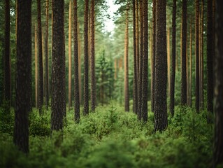 Obraz premium Pine Forest Path Sunlight, Nature Background, Calm, Tranquil, Outdoor