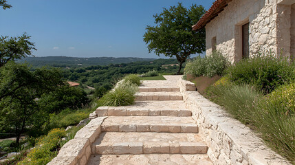Stone steps lead to hilltop house; scenic view