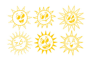 Funny Sun Icon Set with Faces in Flat Style — Summer Sunshine Emoji Vector Illustration
