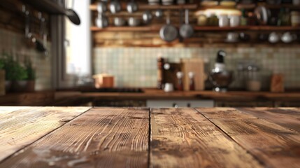 Empty wooden table on blurred kitchen bench background