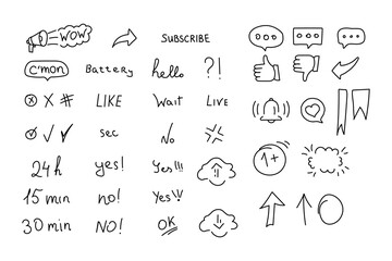 Set of hand drawn Social media icons. EPS 10 vector doodle elements. Thumbs up, messages, like sign. Speech bubble, check mark and diagonal cross, Yes and No. Hello, subscribe