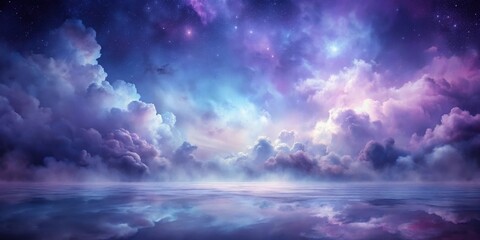 Obraz premium Dreamlike Celestial Seascape A Serene Reflection of Purple and Blue Clouds Under a Starry Sky