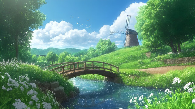 anime-style countryside with a small wooden bridge over a sparkling river, surrounded by lush greenery and a windmill in the background 
