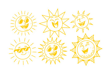 Funny Sun Icon Set with Faces in Flat Style — Summer Sunshine Emoji Vector Illustration