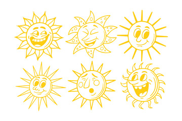Funny Sun Icon Set with Faces in Flat Style — Summer Sunshine Emoji Vector Illustration