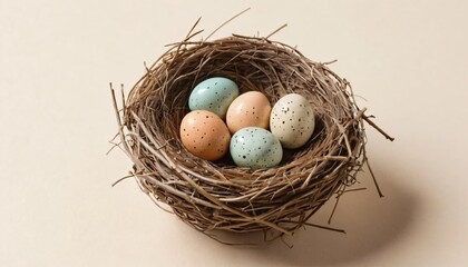 Obraz premium A small bird’s nest filled with speckled eggs in one corner of a beige pastel background. 