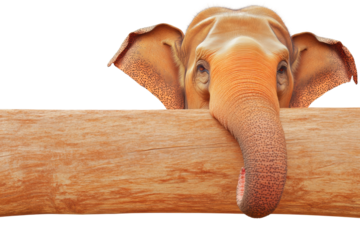 Elephant interacting with large wooden log, cut out
