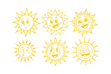 Funny Sun Icon Set with Faces in Flat Style — Summer Sunshine Emoji Vector Illustration