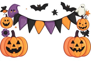 Naklejka premium Vector Halloween garland with pumpkins, ghosts, and bats isolated on a white background, in a flat lay. A simple vector illustration of cute Halloween decorations in a purple color, on a white