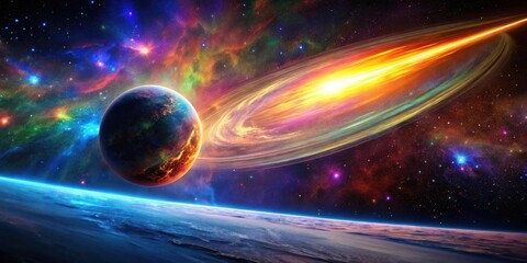 A Vibrant Celestial Display An Exoplanet's Orbit Near a Stunning Ringed Nebula and a Fiery Comet's Trail