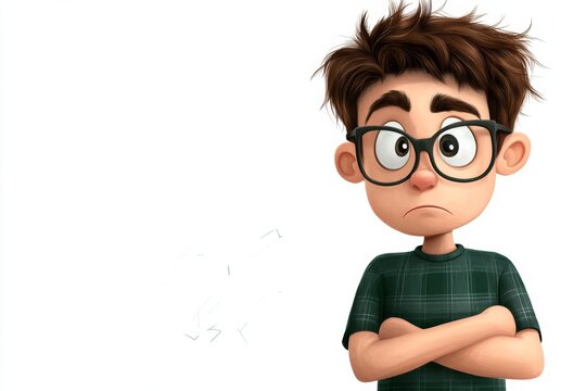 a 2D cartoon illustration of a student solving a math equation on a chalkboard, thoughtful and focused, white background