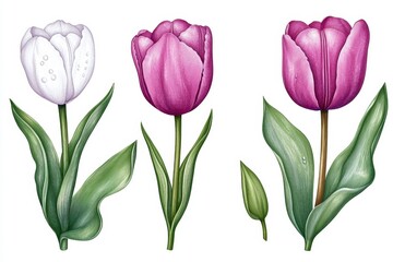 Obraz premium Vector illustration of a pink tulip flower with water drops, isolated on a white background. Spring or summer floral elements collection set, featuring front, side, and back views of the tulip