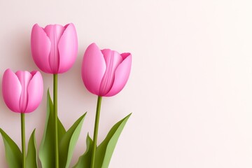 Fototapeta premium Vector illustration of three pink tulips in different positions. Flat lay composition, with a realistic and detailed rendering style, soft natural lighting, and high resolution, suitable for
