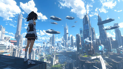 anime-style city with hovering cars, massive skyscrapers, and a cybernetic girl overlooking the skyline from a rooftop 