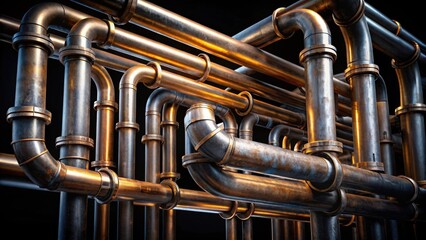 Intricate Network of Industrial Pipes A Complex System of Interconnected Metal Tubes with Aged Metallic Finish