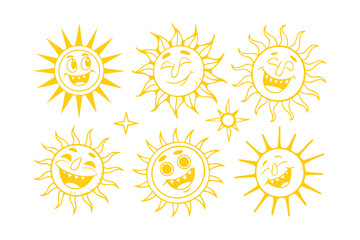 Funny Sun Icon Set with Faces in Flat Style — Summer Sunshine Emoji Vector Illustration