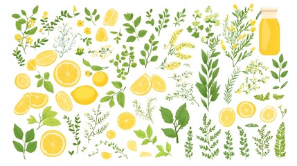 Vibrant Composition of Lemons and Fresh Herbs on White Background with Illustrative Elements