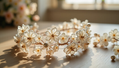Delicate bridal hairpiece adorned with pearls on rustic table, elegance