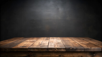 Close-Up of Wooden Table Surface with Dark, Textured Wall Background for Product Photography and Design Projects: Featuring Light-Colored Wood Grain and Rough, Concrete-Like Wall Texture