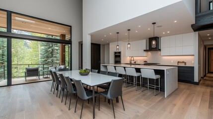 Fototapeta premium Modern Kitchen with Dining Area Overlooking Outdoors