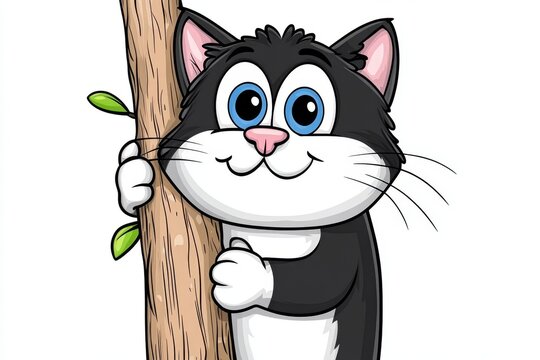 a 2D cartoon illustration of a cat climbing a tree, agile and curious, white background